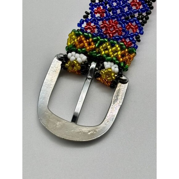 Vintage Artisan-Made Seed Beaded Belt Silver Buckle Red Cobalt Blue White Yellow main image 14